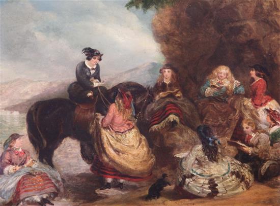 Victorian School Sailor entertaining gentleman and ladies beside the sea, 11.5 x 16in.